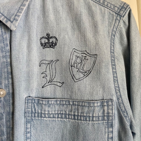 Lauren Ralph Lauren Denim Chambray Shirt with Logo Print Large - Picture 3 of 7